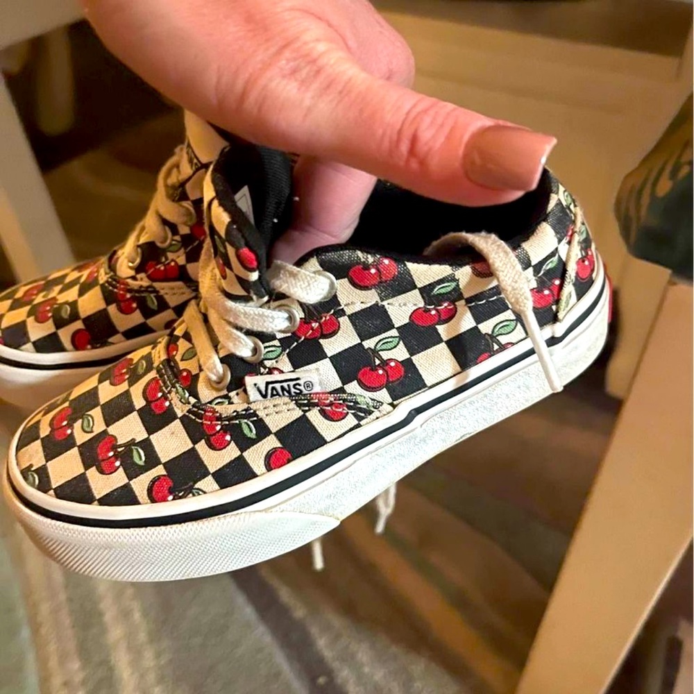 Girls size 11 black & white checker with cherries shoes